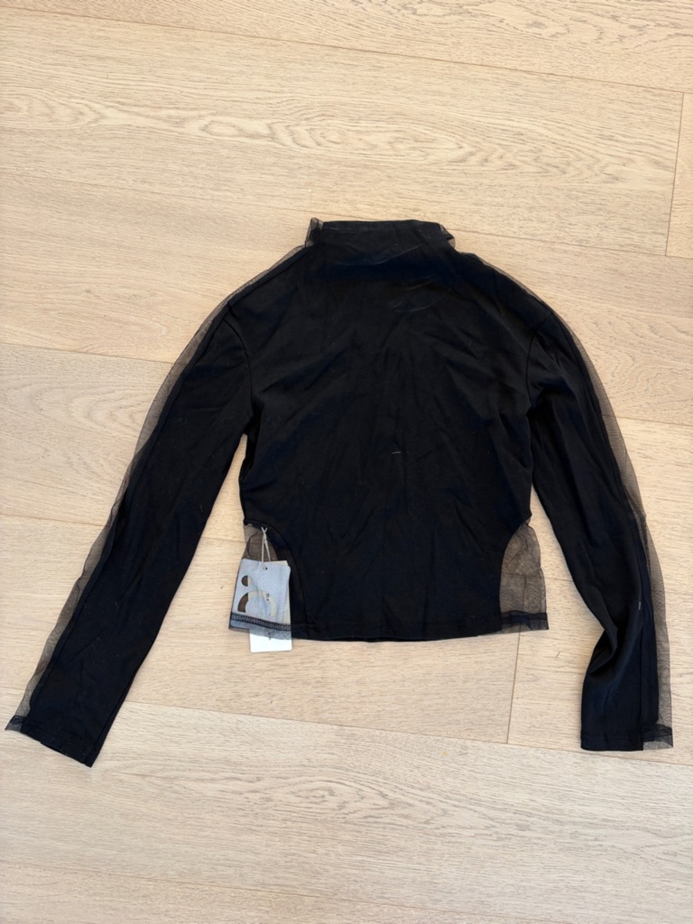 Black Long-Sleeve Sheer Mesh Trim Top - Unbranded